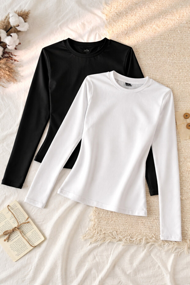 قطعتان من البلوزات ذات الأكمام الطويلة ذات الرقبة الدائرية قماش قابل للتمدد بلوزة سادة - 1