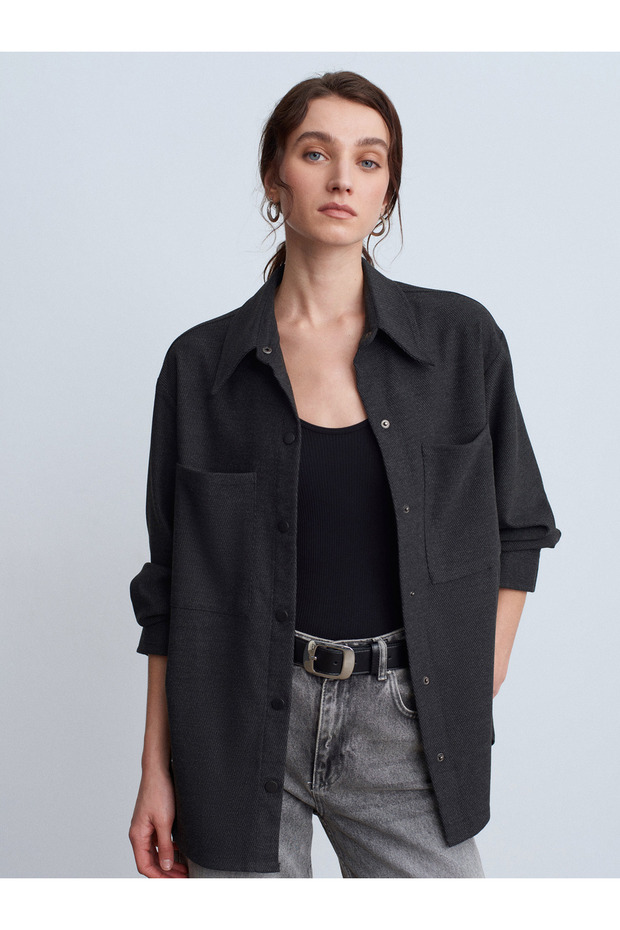 50537 Örme Oversize Gömlek-Siyah - 3