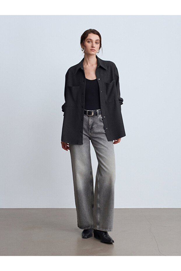 50537 Örme Oversize Gömlek-Siyah - 4