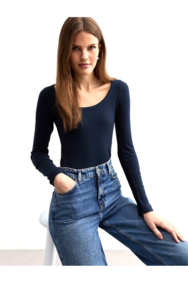Women's Navy Blue Color Long Sleeve, Deep Pool Neck Blouse, Ribbed Camisole Fabric