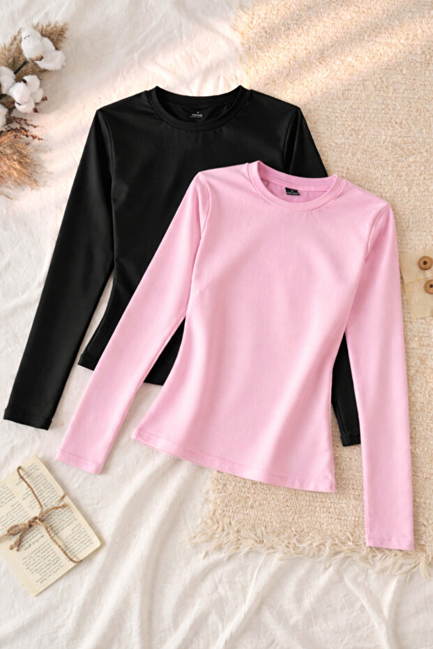 قطعتان من البلوزات ذات الأكمام الطويلة ذات الرقبة الدائرية قماش قابل للتمدد بلوزة سادة - 1