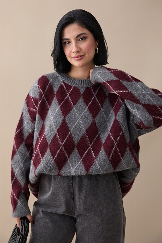 Baklava Pattern Burgundy Knitwear Sweater