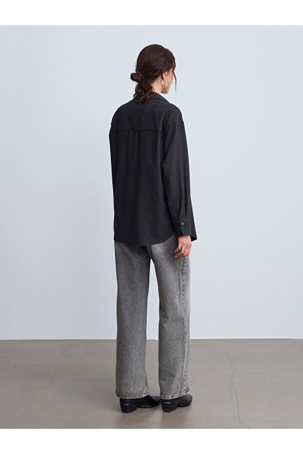 50537 Örme Oversize Gömlek-Siyah - 2