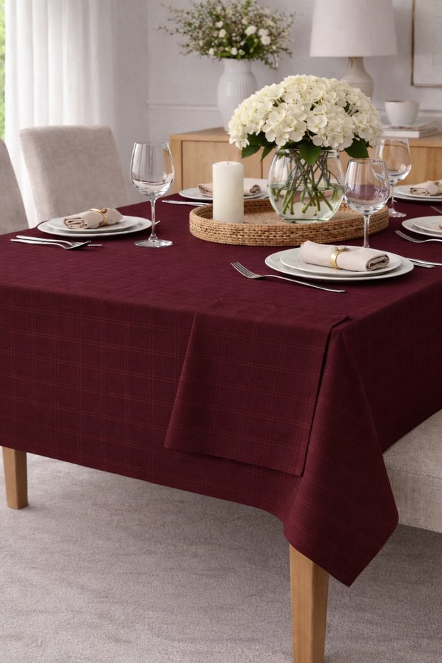 Checked Satin Tablecloth Napkins Claret Red 100% Cotton Napkins 40X40 cm (4 Pieces)