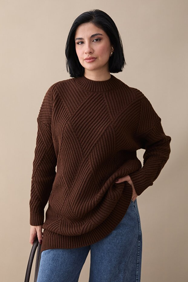 Embossed Striped Pattern Bitter Brown Knitwear Tunic