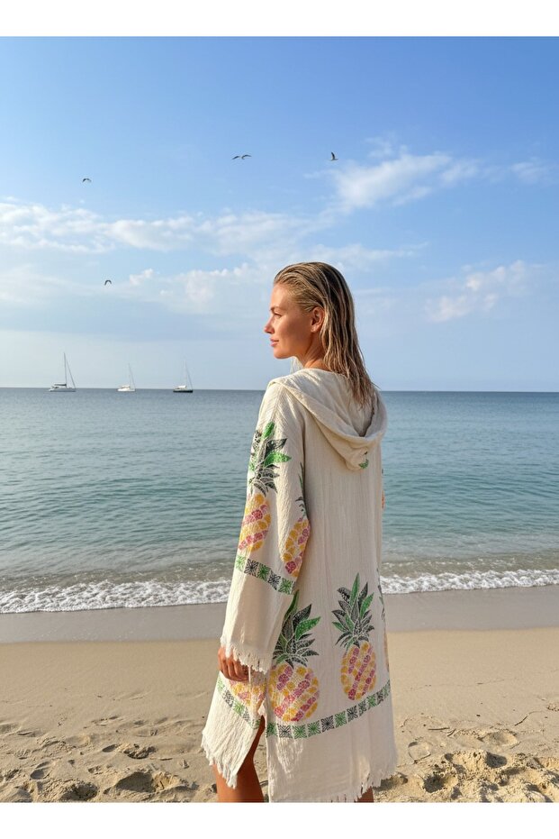 Vi̇olet Store Muslin Cotton Bathrobe Bath, Beach, Pool Summer, Winter K Hooded Bathrobe Unisex-Water Absorbent-Pineapple