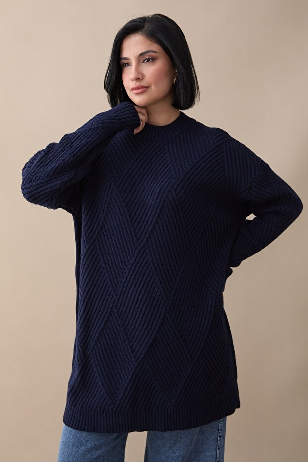 Embossed Striped Pattern Navy Blue Knitwear Tunic