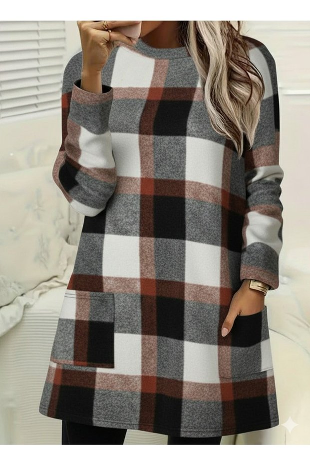 Women's Patterned Plaid Crew Neck Long Sleeve Double Pockets Comfortable Fit Winter Knitted Tunic