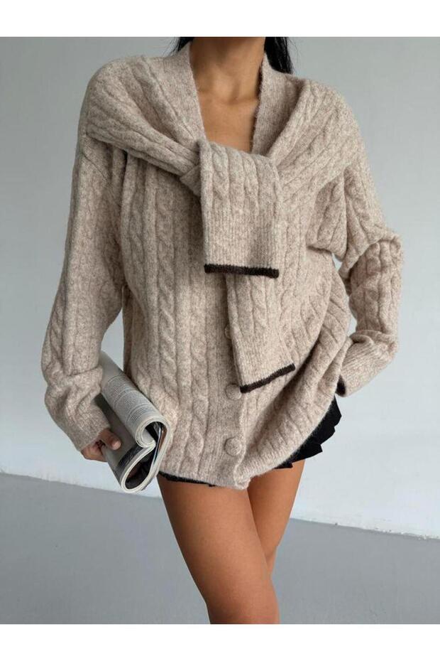 Women's Soft Textured Hair Braid Detailed Buttoned Extra Sleeve Detail Loose Fit Cardigan - 2561