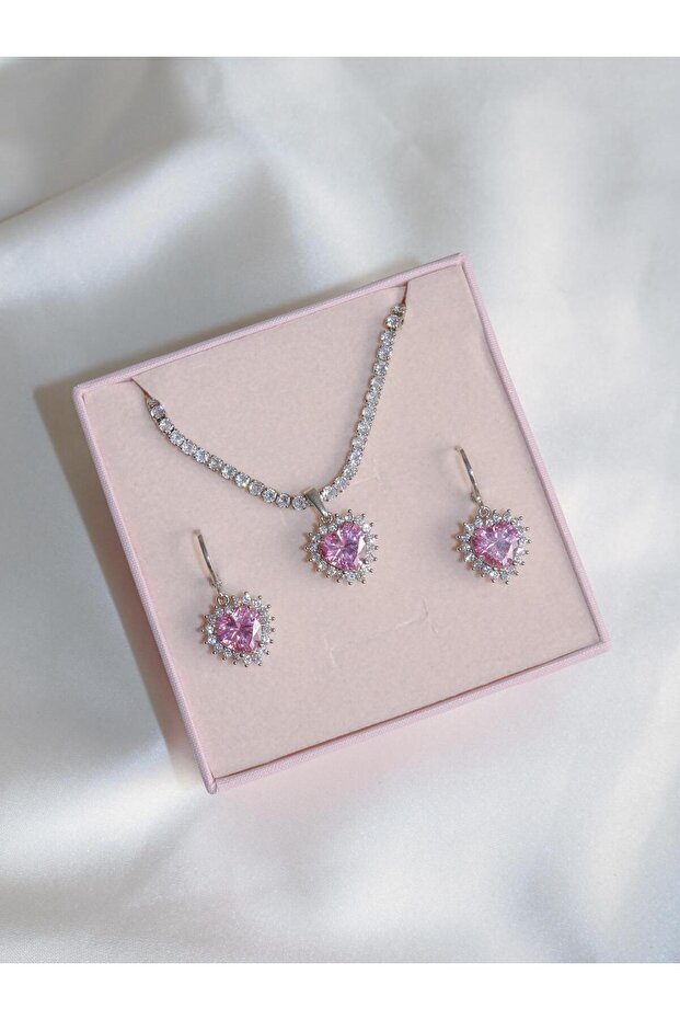 Royal Heart Choker Necklace and Earring Set - Silver Color