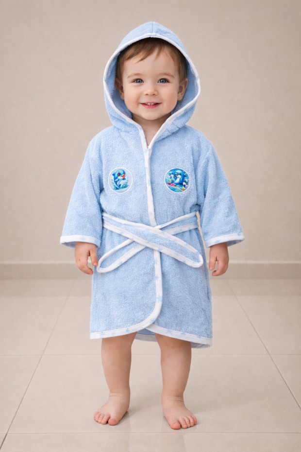 Elmaçocuk 198-12-25 Baby Boy Hooded Bathrobes 100% Cotton Towel with Dolphin Emblem Soft Absorbent 1/4 Year Old