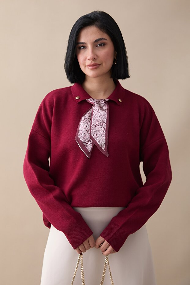 Fularlı Triko Bordo Tunik - 1