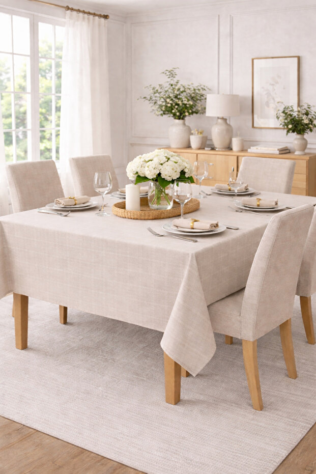 Checked Satin Tablecloth Stone Color 100% Cotton Without Napkin