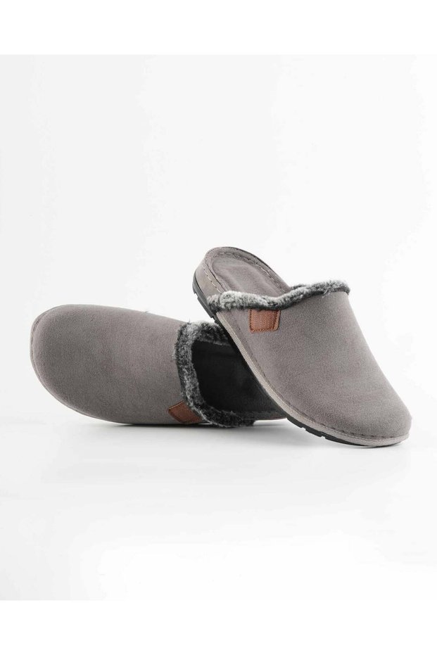 Men's House Slippers Plush Lined Winter Closed Toe Non-Slip Sole Daily Comfortable Sabo Slippers Gray
