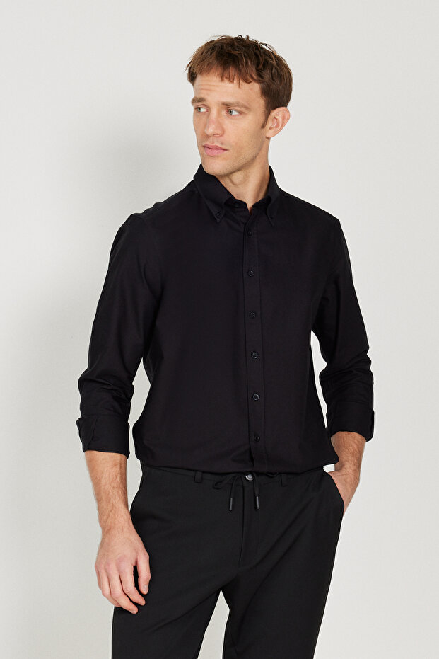 Black Slim Fit Slim Fit Button down Collar Oxford 100% Cotton Shirt