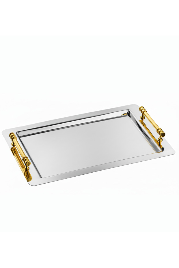 Lara Sade Nergis Stainless Steel Tea Tray 29X45 cm – 0.80 mm Gold Handle Stylish Simple Presentation