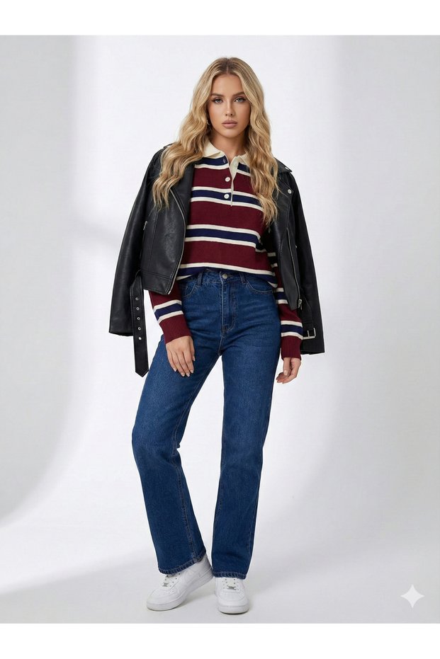Women's Striped Buttoned Polo Neck Women's Knitwear Oversized Kalıp Loung Model Sweater 2323
