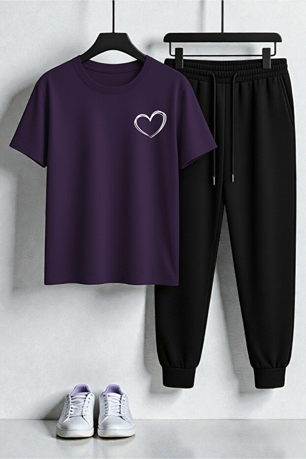 Unisex Minimal Heart Printed Design Printed T-Shirt - 2-Piece Tracksuit Set
