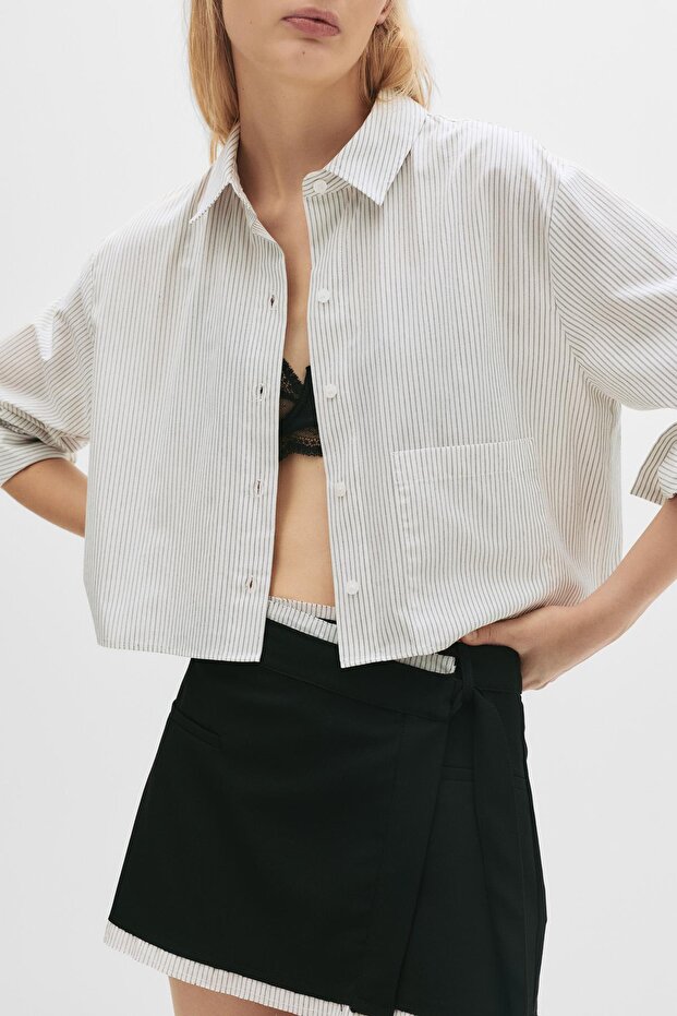 Çizgili cepli crop gömlek - 4