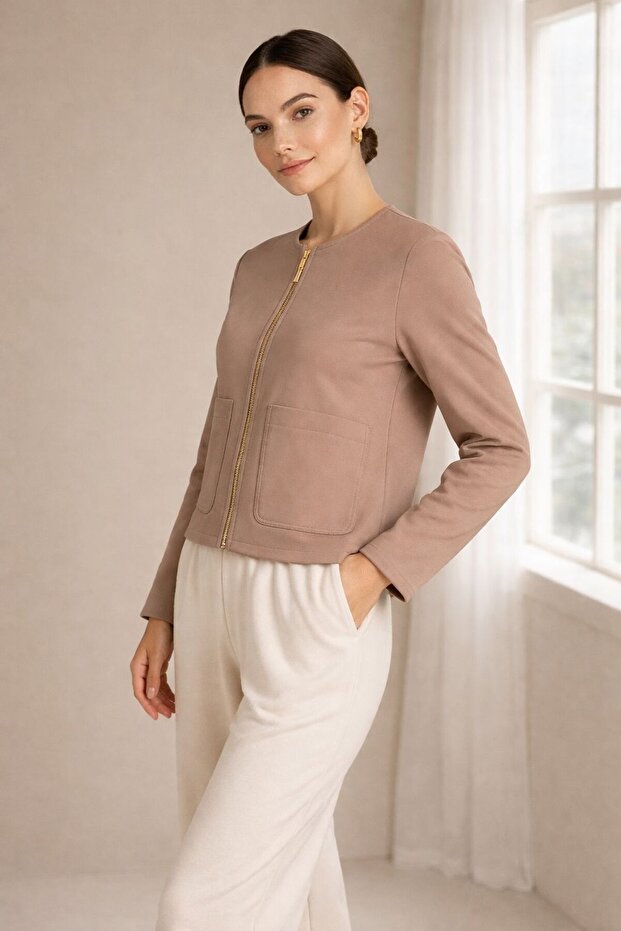Oversize Basic Ceket Bej Premium Kumaş - 2