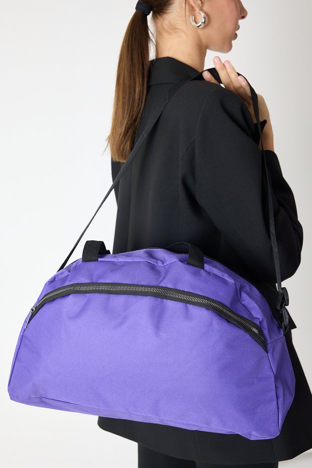 Women's Purple Large Size Front Zippered Fabric Sports and Travel Shoulder Bag