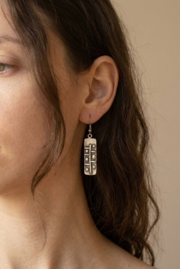 Linear Embossed Authentic Earrings Silver Color