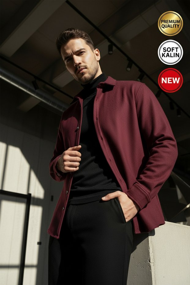 Men's Burgundy Cashmere Thick Soft Lumberjack Soft Textured Regular Old Money Culture Shirt Collar Jacket Cardigan