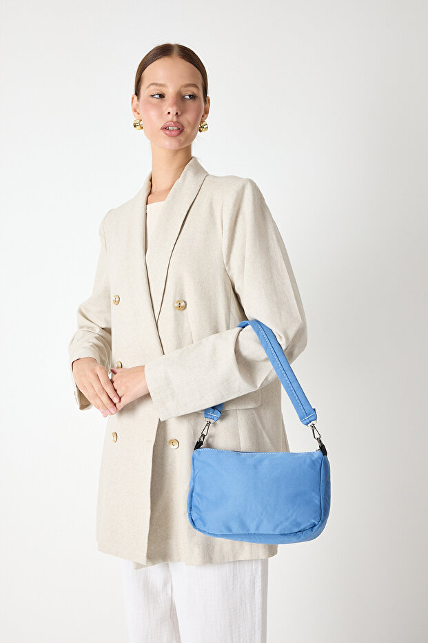 Women's Denim Blue Minimal Design Fabric Baguette Shoulder Bag