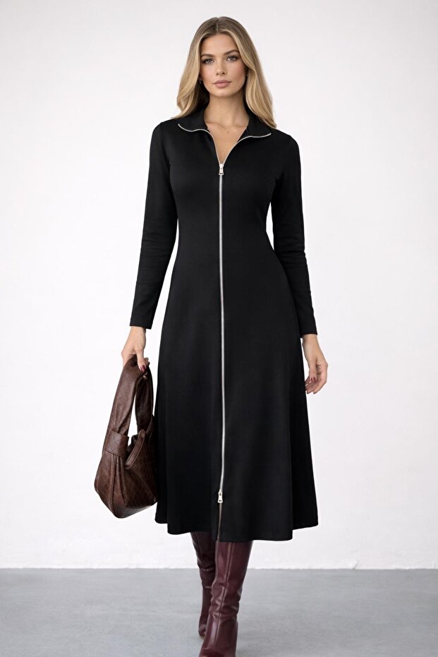 Women's Long Sleeve Collared Double Zip Detail A-Line Midi Modal Dress
