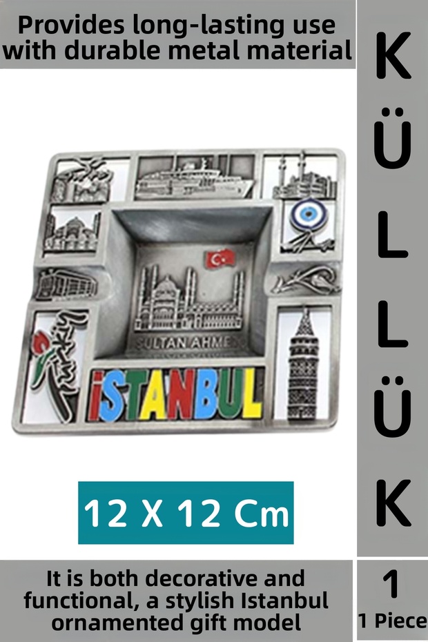 Durable Everyday Home Business Use Decorative Gift Stylish Istanbul Decorated Metal Ashtray 12 X 12 cm
