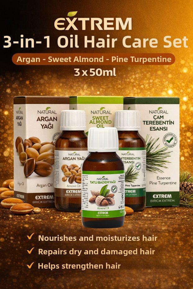 Natural Hair Care Set – Argan Oil - Almond Oil - Pine Turpentine Essence | 3X50 ml Quantity