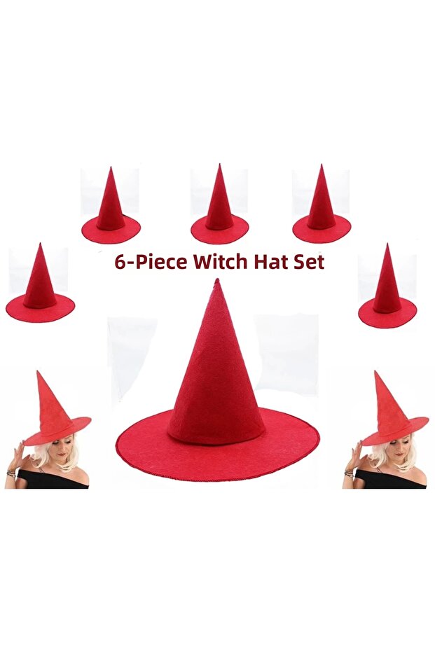 Red Color Felt Witch Hat Adult and Child Compatible 6 Pieces