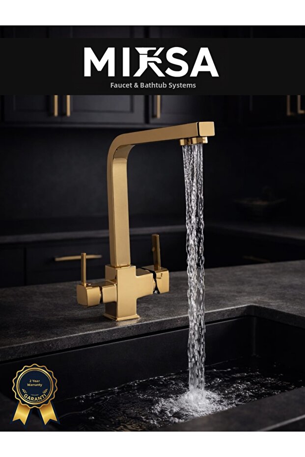 Luxury Square Polished Gold Sink Kitchen Faucet (Hot-Cold Inlet, Brass Material, Rustproof)