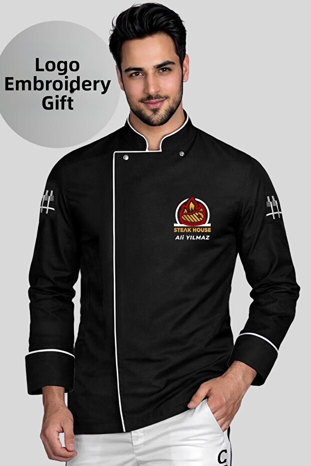 Black Long Sleeve Chef Jacket with Company Logo Embroidery Gift White Chef Jacket Cooking Uniform Personalized