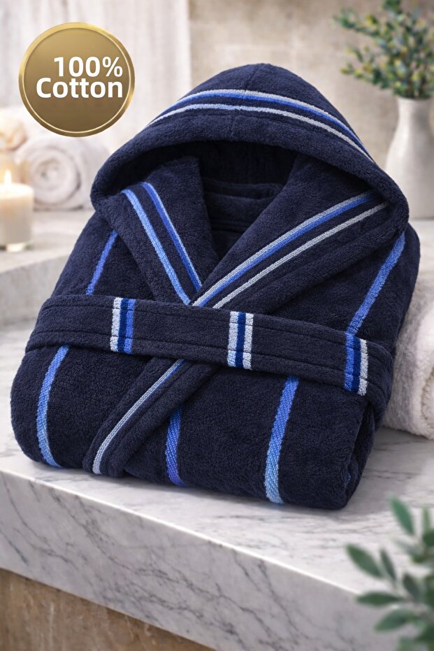100% Cotton Unisex Bathrobe Striped Navy Blue