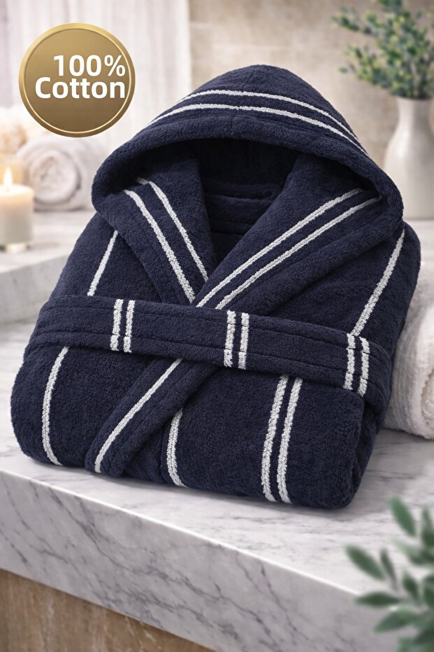 100% Cotton Unisex Bathrobe Striped Black