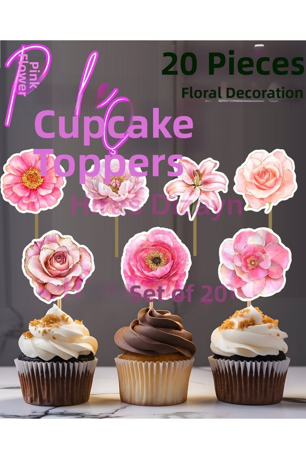 20 Pieces Pink Flowers Toothpick Ornament Set Cupcake Cake Cookie Cocktail Presentation Ornaments Cocktail Toothpicks Engagement Birthday Cocktail Invitation and Presentation Cake Decoration Ornament Thick Paper