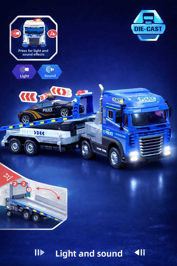 Metal Police Transport Truck + Police Car Set (with Ramp) – 30 cm