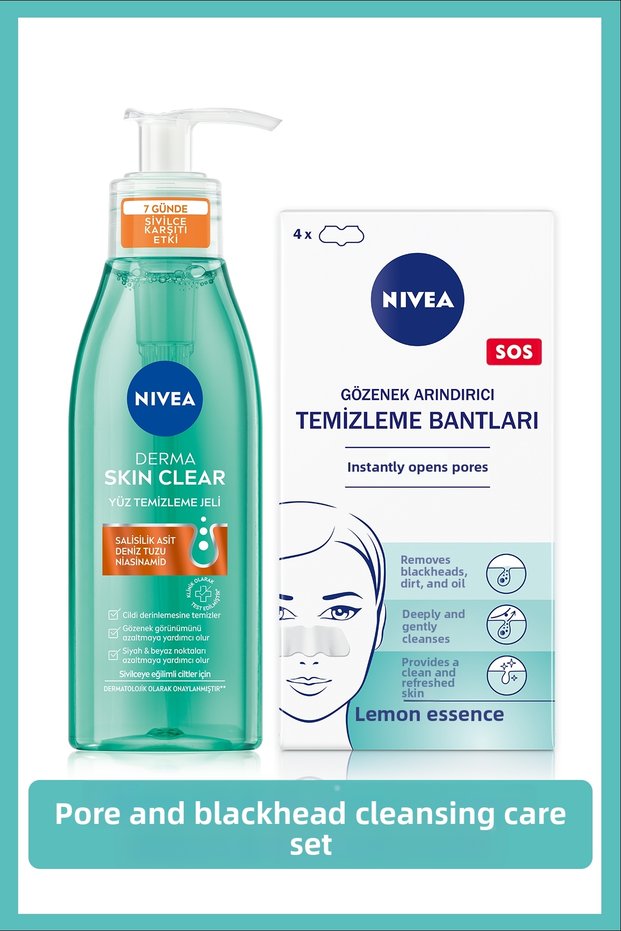 Anti-Acne Facial Cleansing Gel Derma Skin Clear 150ml and Blackhead Remover Nose Strip Set