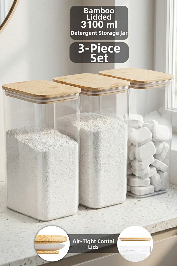 3 Pieces Aura Detergent Storage Box - Air-Tight Bamboo Lid Powder Tablet Detergent Storage Container 3.1 Lt