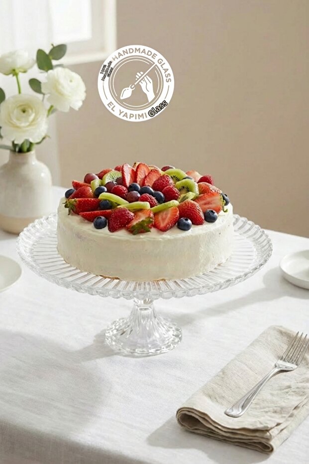 Selen Concept Drop Model Pedestal Handmade Glass Round Cake and Pastry Serving Dish Single