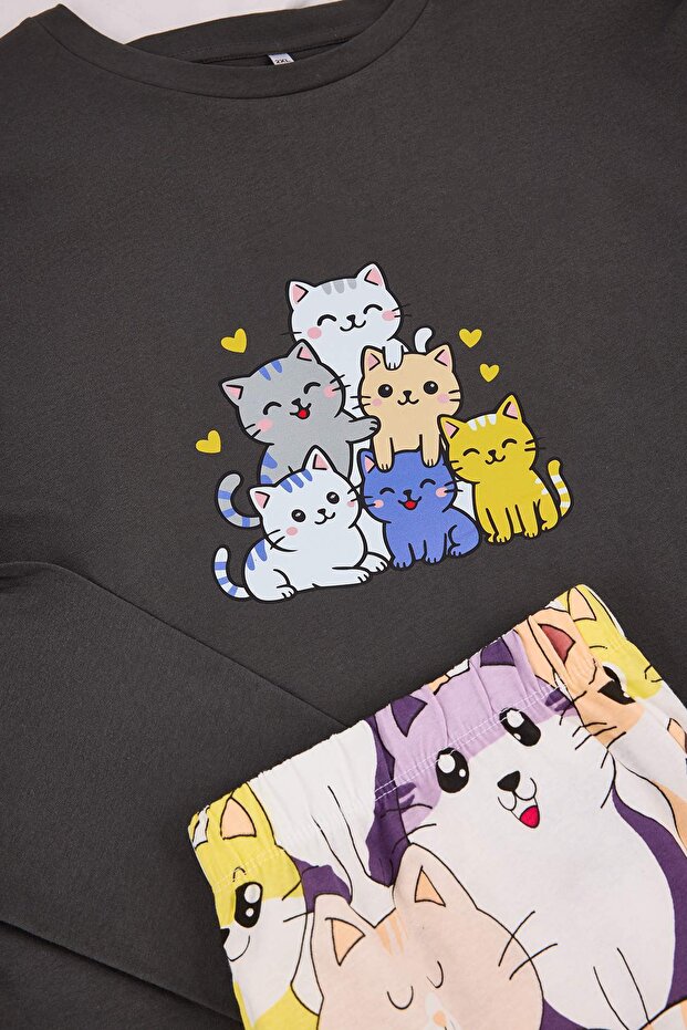 Teen Antrasit Kedi Desenli Pamuklu Likralı Yumuşak Tuşe Örme Pijama Takımı TBBAW26AI00058 - 4