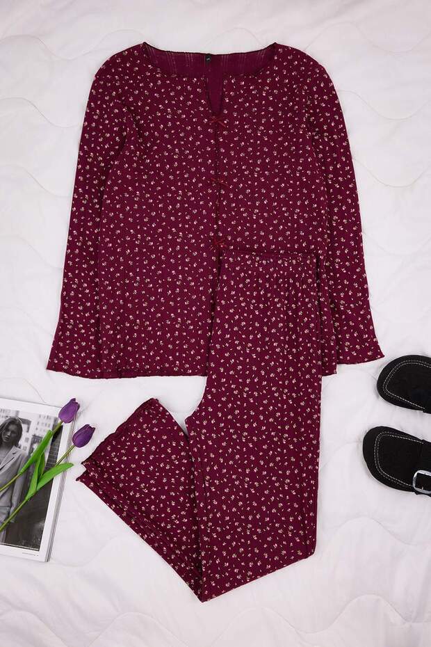 Bordo Çıtır Çiçek Desenli Fiyonklu Kaşkorse Büyük Beden Pijama Takımı TBBAW26AI00059 - 3