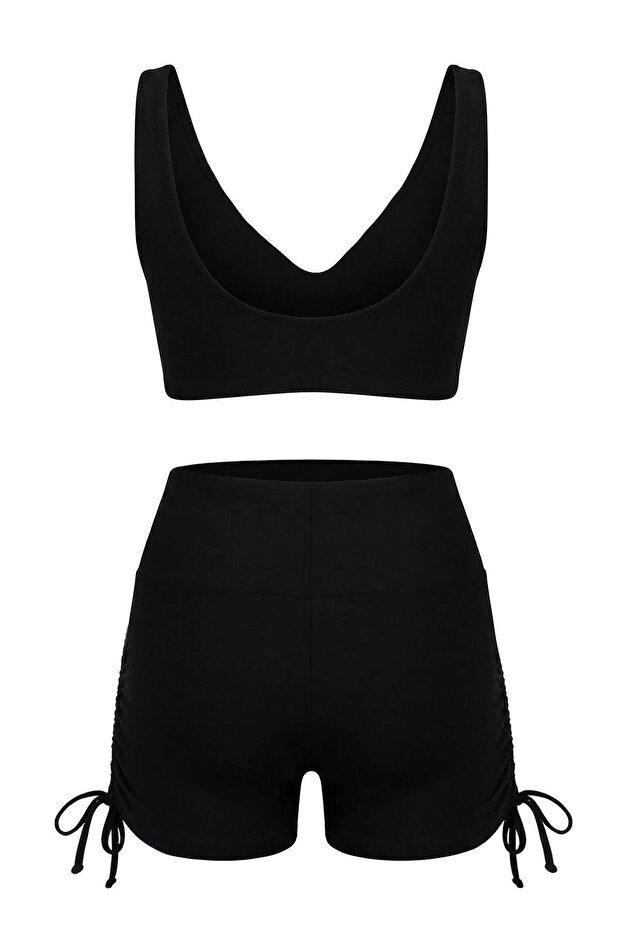 Siyah Tünelli Bralette Kaplı Bağlama Detaylı Şort Bikini Takımı TBESS26BT00007 - 6