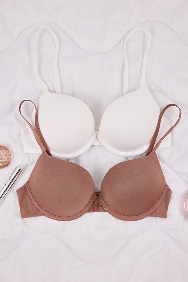 Kahverengi-Bej 2'li Paket Micro Push Up T-Shirt Bra Örme Sütyen THMAW26SU00008 - 2