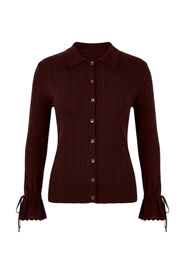 Bordo Merserize Görünümlü Fitilli Polo Yaka Triko Hırka TBBAW26AV00032 - 5