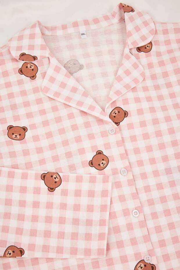 Bej Ayıcık Desenli Kareli Gömlek Yaka Büyük Beden Pijama Takımı TBBSS26AI00008 - 4