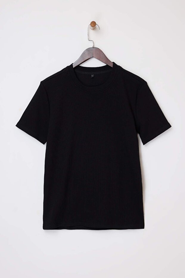 Siyah Wardrobe Essentials Regular/Normal Kesim Dokulu Kaşkorse Basic T-Shirt TMNSS26TS00002 - 2