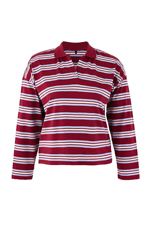 Bordo Çizgili Oversize Büyük Beden T-shirt TBBSS26BF00001 - 5