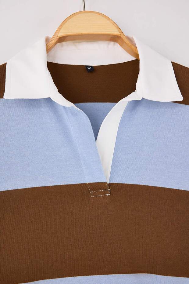 Kahverengi Çizgili Büyük Beden Örme Sweatshirt TBBAW26AO00050 - 6